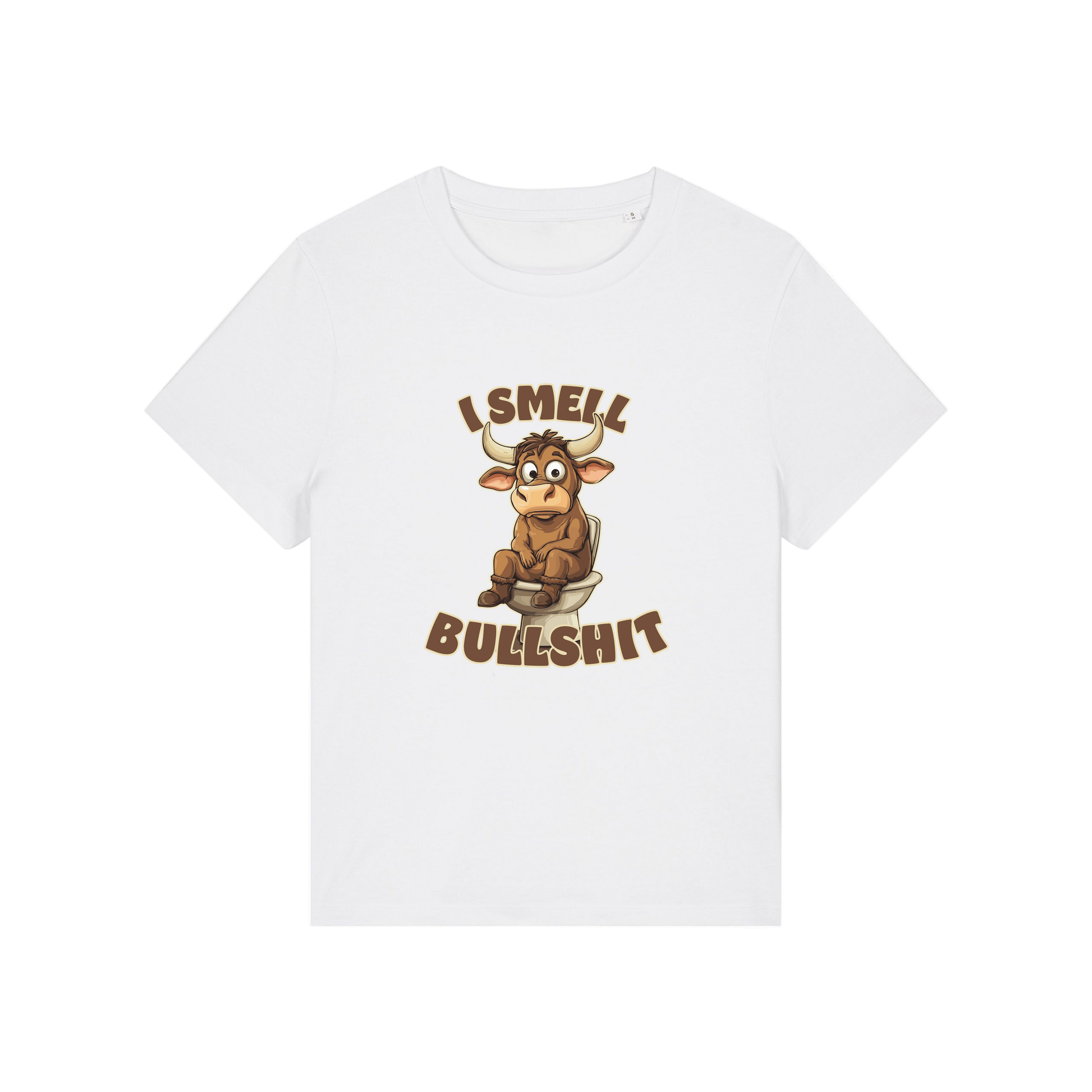 white funny animal t-shirt with the graphic of a bull sat on the toilet and the slogan 'i smell bullshit'
