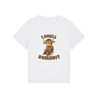 white funny animal t-shirt with the graphic of a bull sat on the toilet and the slogan 'i smell bullshit'