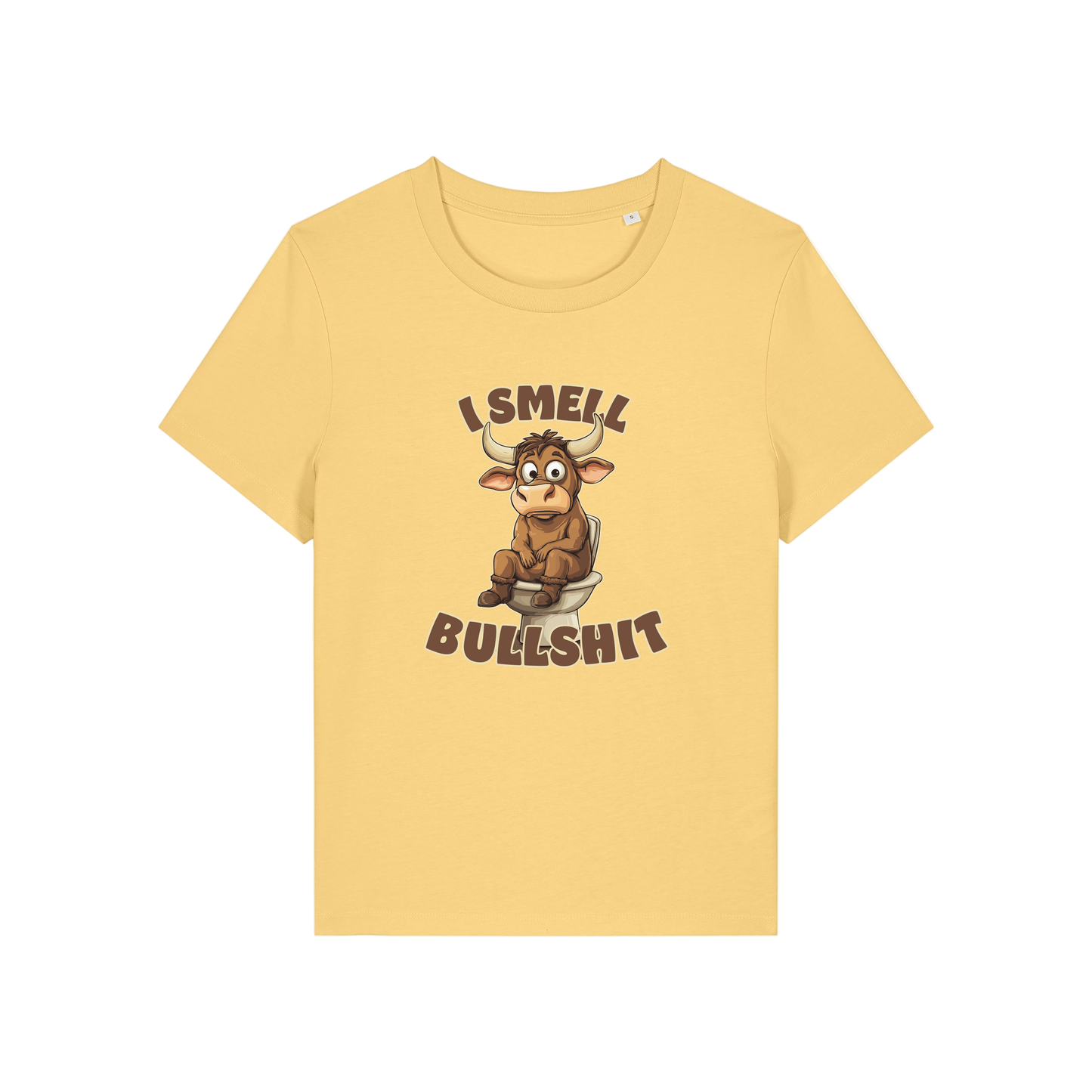 yellow funny animal t-shirt with the graphic of a bull sat on the toilet and the slogan 'i smell bullshit'