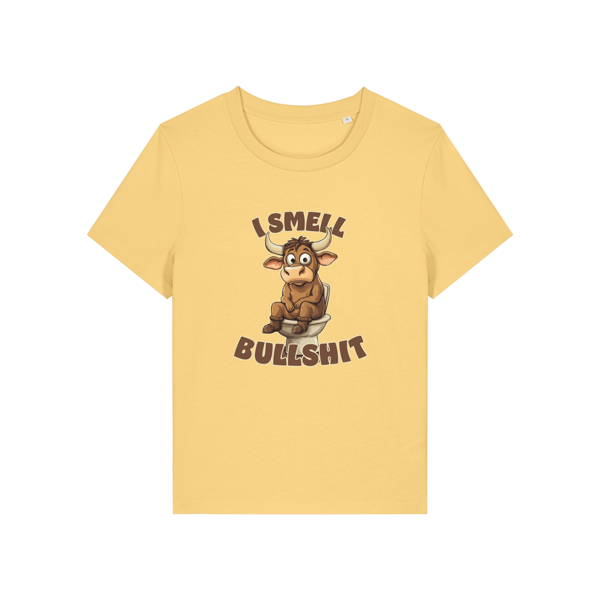 yellow funny animal t-shirt with the graphic of a bull sat on the toilet and the slogan 'i smell bullshit'