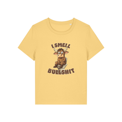 yellow funny animal t-shirt with the graphic of a bull sat on the toilet and the slogan 'i smell bullshit'
