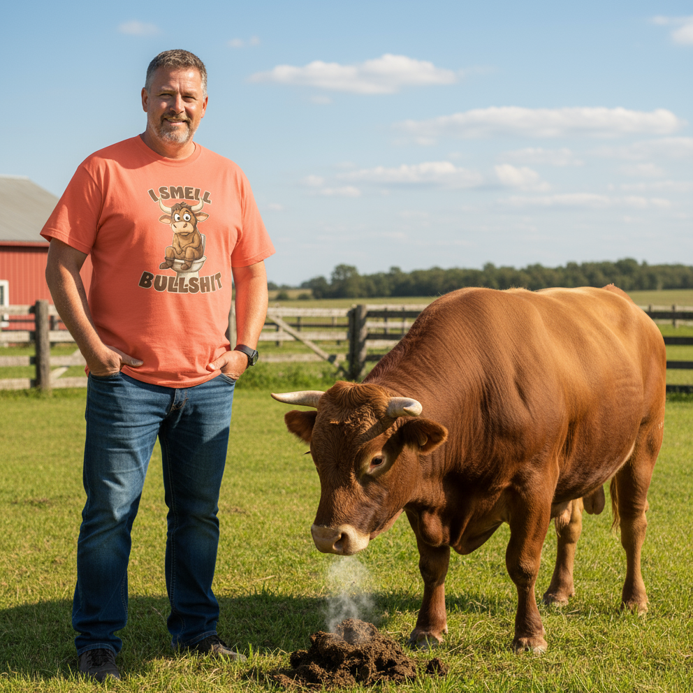 Man standing next to a brown cow in a grassy field with a red barn in the background.