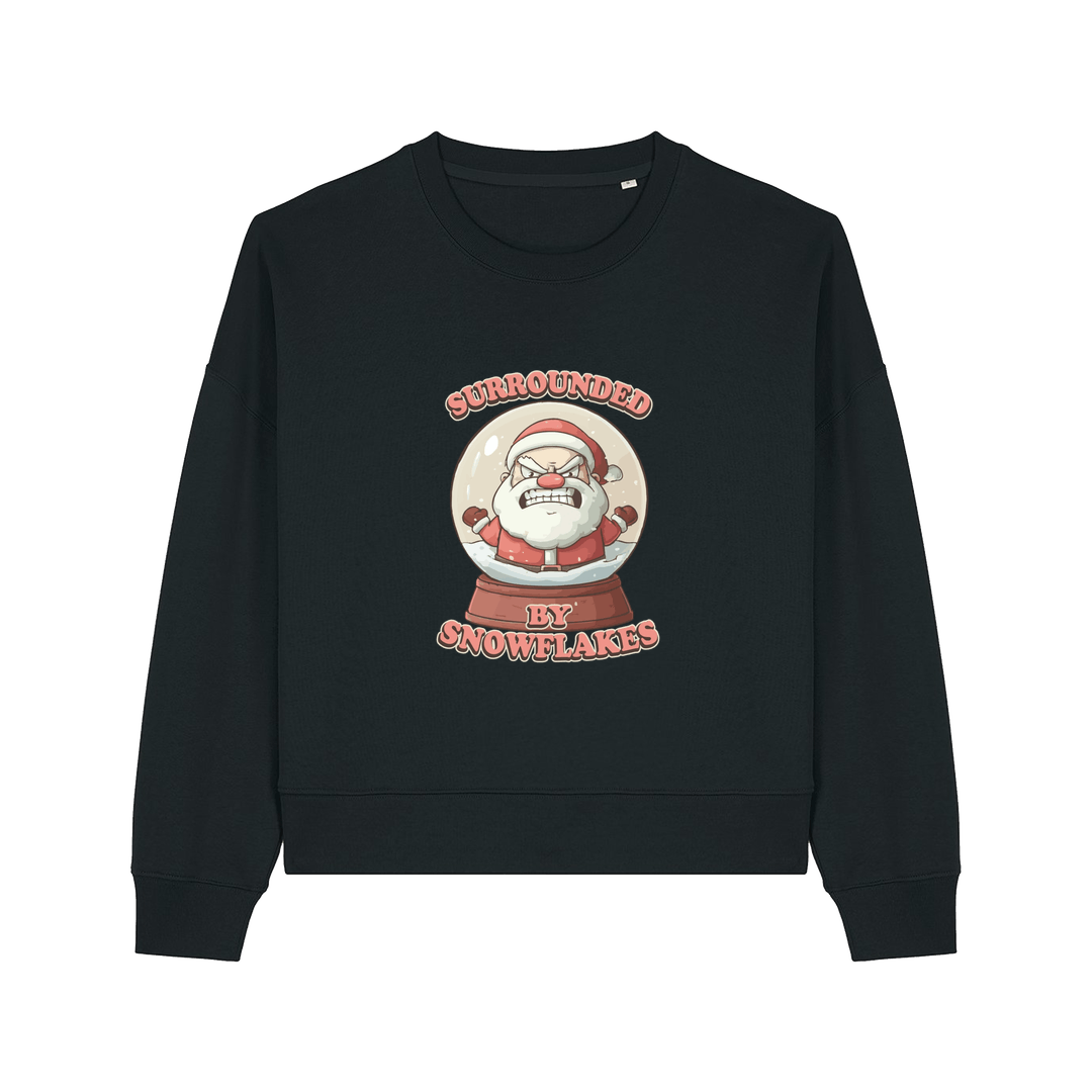 black christmas sweater with the graphic of santa inside a snowglobe and the slogan 'surrounded by snowflakes'