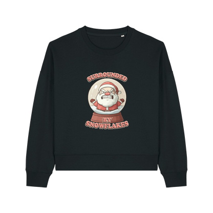black christmas sweater with the graphic of santa inside a snowglobe and the slogan 'surrounded by snowflakes'