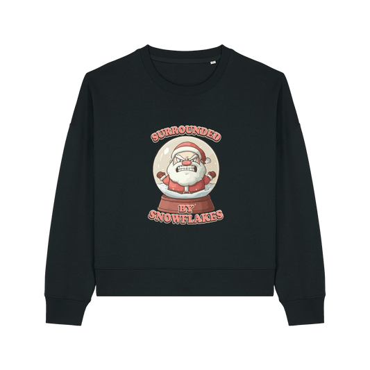 black christmas sweater with the graphic of santa inside a snowglobe and the slogan 'surrounded by snowflakes'