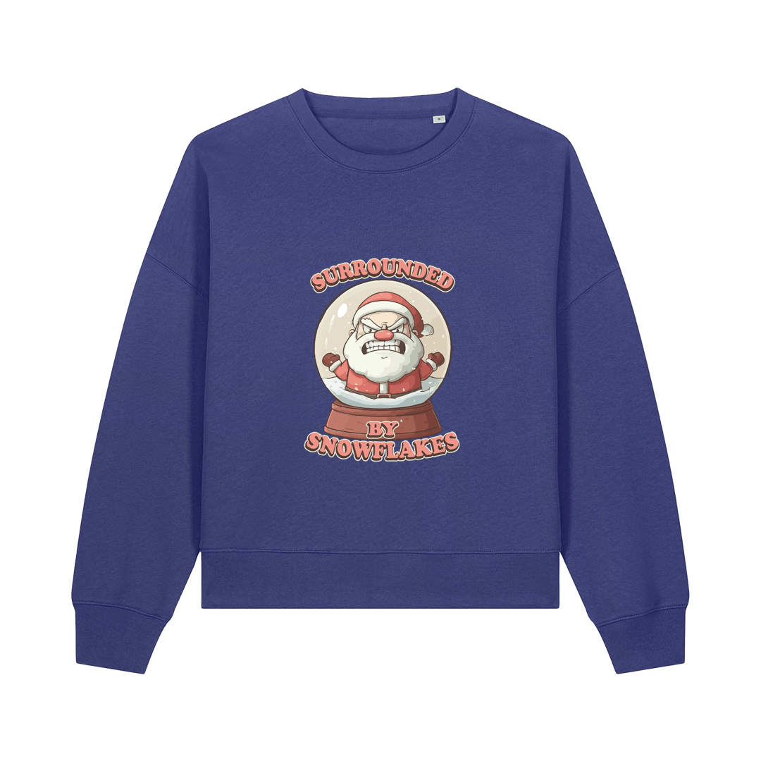 blue christmas sweater with the graphic of santa inside a snowglobe and the slogan 'surrounded by snowflakes'