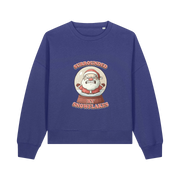 blue christmas sweater with the graphic of santa inside a snowglobe and the slogan 'surrounded by snowflakes'