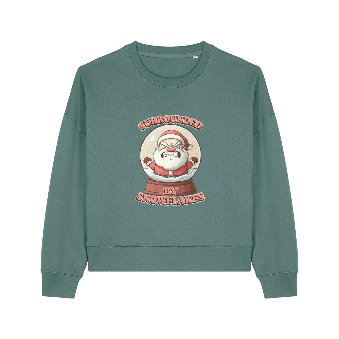 green christmas sweater with the graphic of santa inside a snowglobe and the slogan 'surrounded by snowflakes'