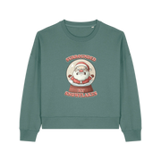 green christmas sweater with the graphic of santa inside a snowglobe and the slogan 'surrounded by snowflakes'