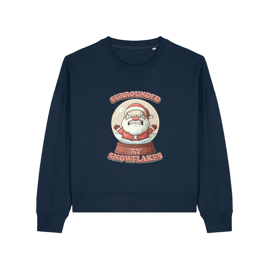 navy christmas sweater with the graphic of santa inside a snowglobe and the slogan 'surrounded by snowflakes'