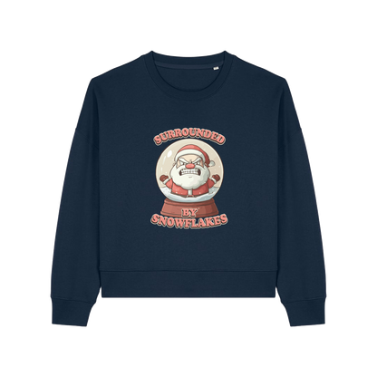 navy christmas sweater with the graphic of santa inside a snowglobe and the slogan 'surrounded by snowflakes'