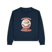 navy christmas sweater with the graphic of santa inside a snowglobe and the slogan 'surrounded by snowflakes'