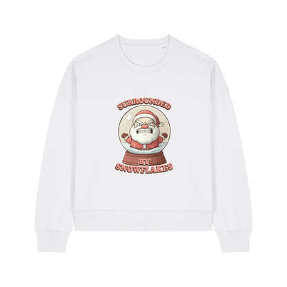 white christmas sweater with the graphic of santa inside a snowglobe and the slogan 'surrounded by snowflakes'