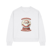 white christmas sweater with the graphic of santa inside a snowglobe and the slogan 'surrounded by snowflakes'