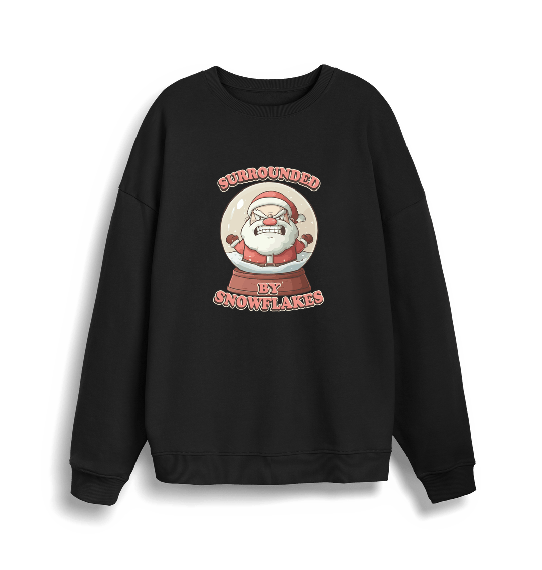 black christmas sweater with the graphic of santa in a snowglobe and the slogan 'surrounded by snowflakes'