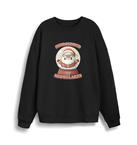 black christmas sweater with the graphic of santa in a snowglobe and the slogan 'surrounded by snowflakes'