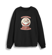 black christmas sweater with the graphic of santa in a snowglobe and the slogan 'surrounded by snowflakes'