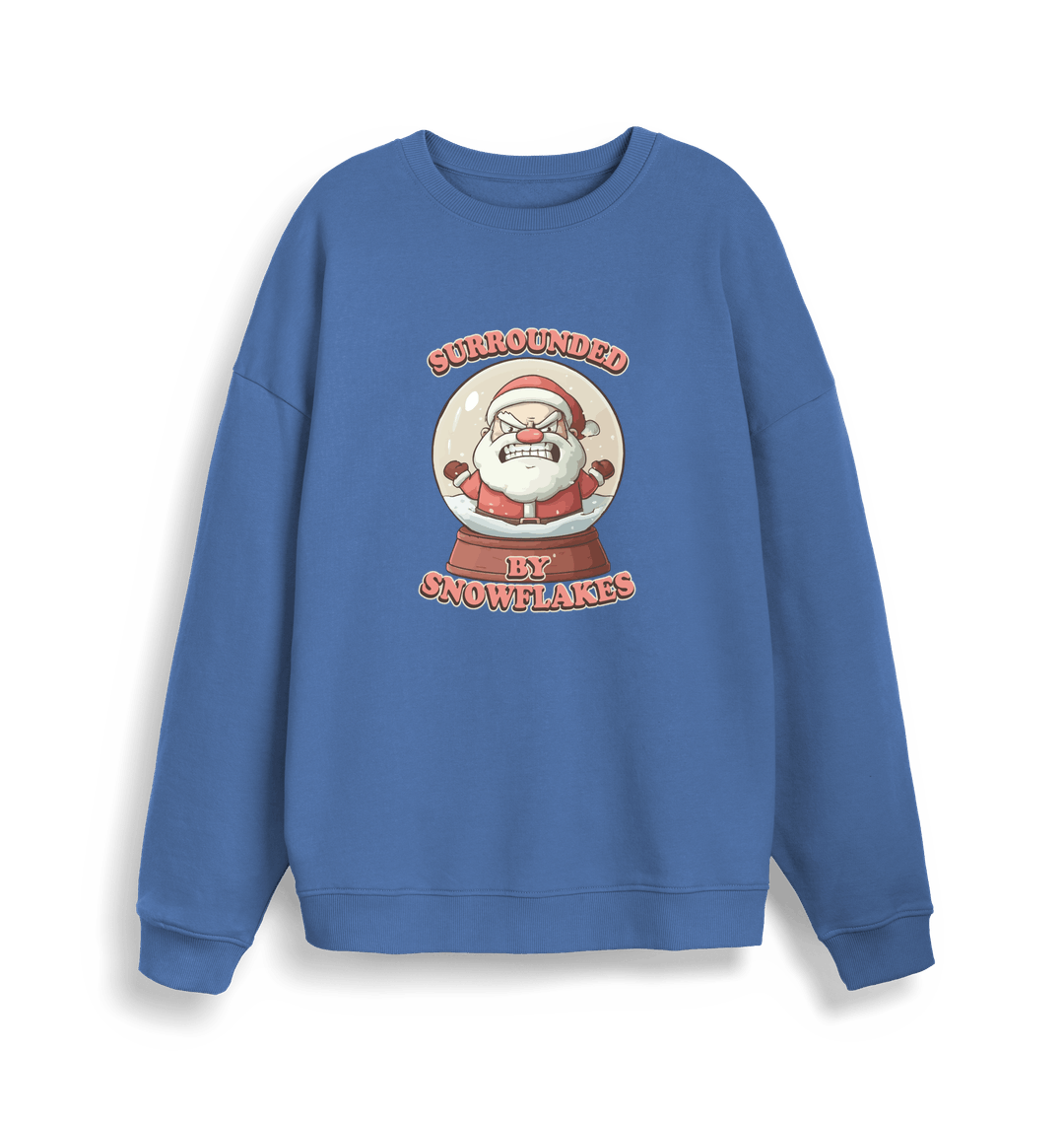 blue christmas sweater with the graphic of santa in a snowglobe and the slogan 'surrounded by snowflakes'