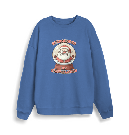blue christmas sweater with the graphic of santa in a snowglobe and the slogan 'surrounded by snowflakes'