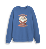 blue christmas sweater with the graphic of santa in a snowglobe and the slogan 'surrounded by snowflakes'