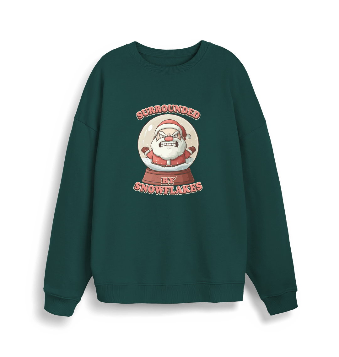 green christmas sweater with the graphic of santa in a snowglobe and the slogan 'surrounded by snowflakes'