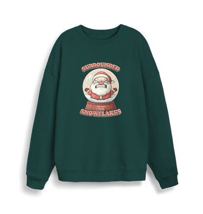 green christmas sweater with the graphic of santa in a snowglobe and the slogan 'surrounded by snowflakes'