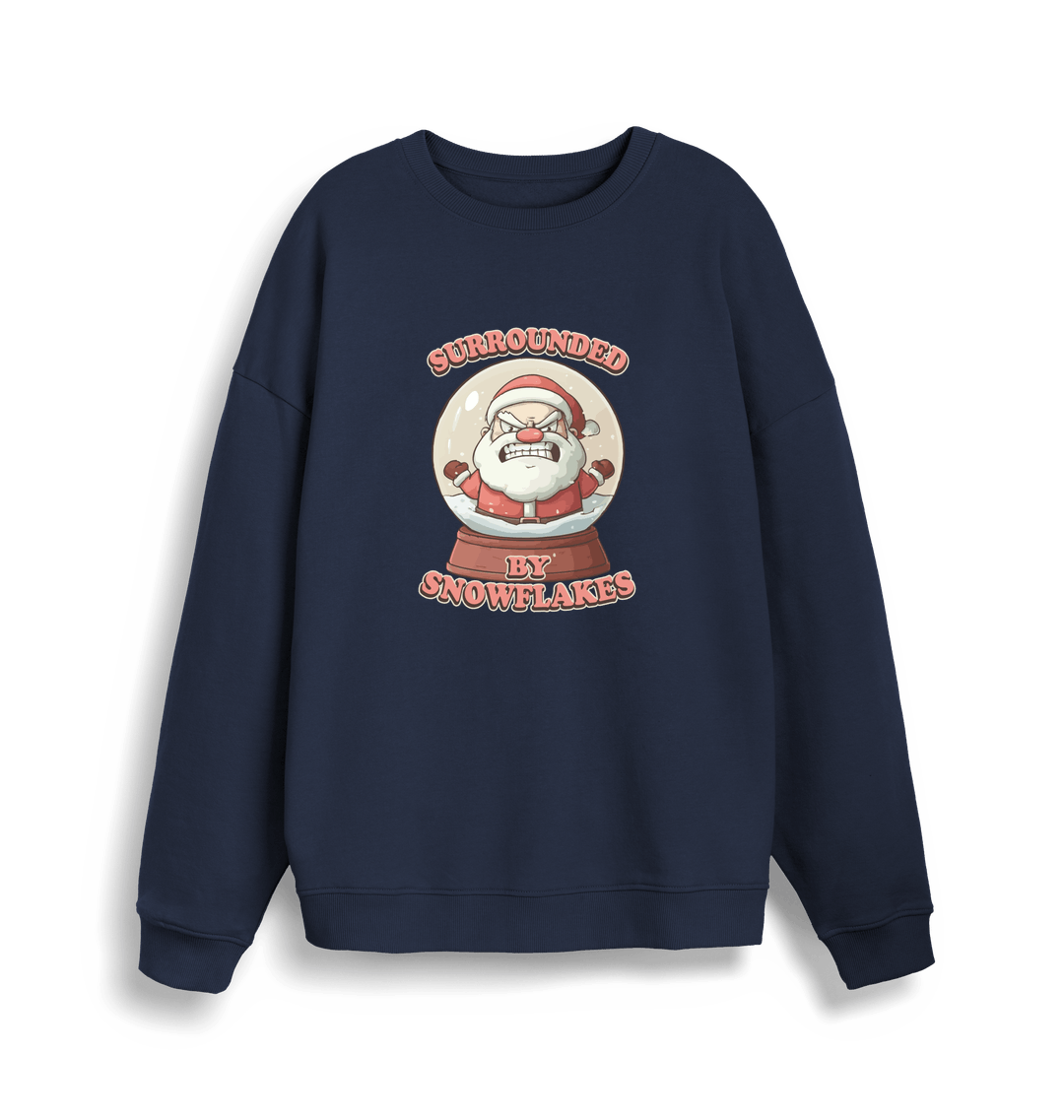 navy christmas sweater with the graphic of santa in a snowglobe and the slogan 'surrounded by snowflakes'