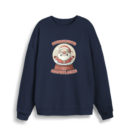 navy christmas sweater with the graphic of santa in a snowglobe and the slogan 'surrounded by snowflakes'