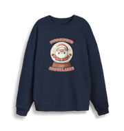 navy christmas sweater with the graphic of santa in a snowglobe and the slogan 'surrounded by snowflakes'