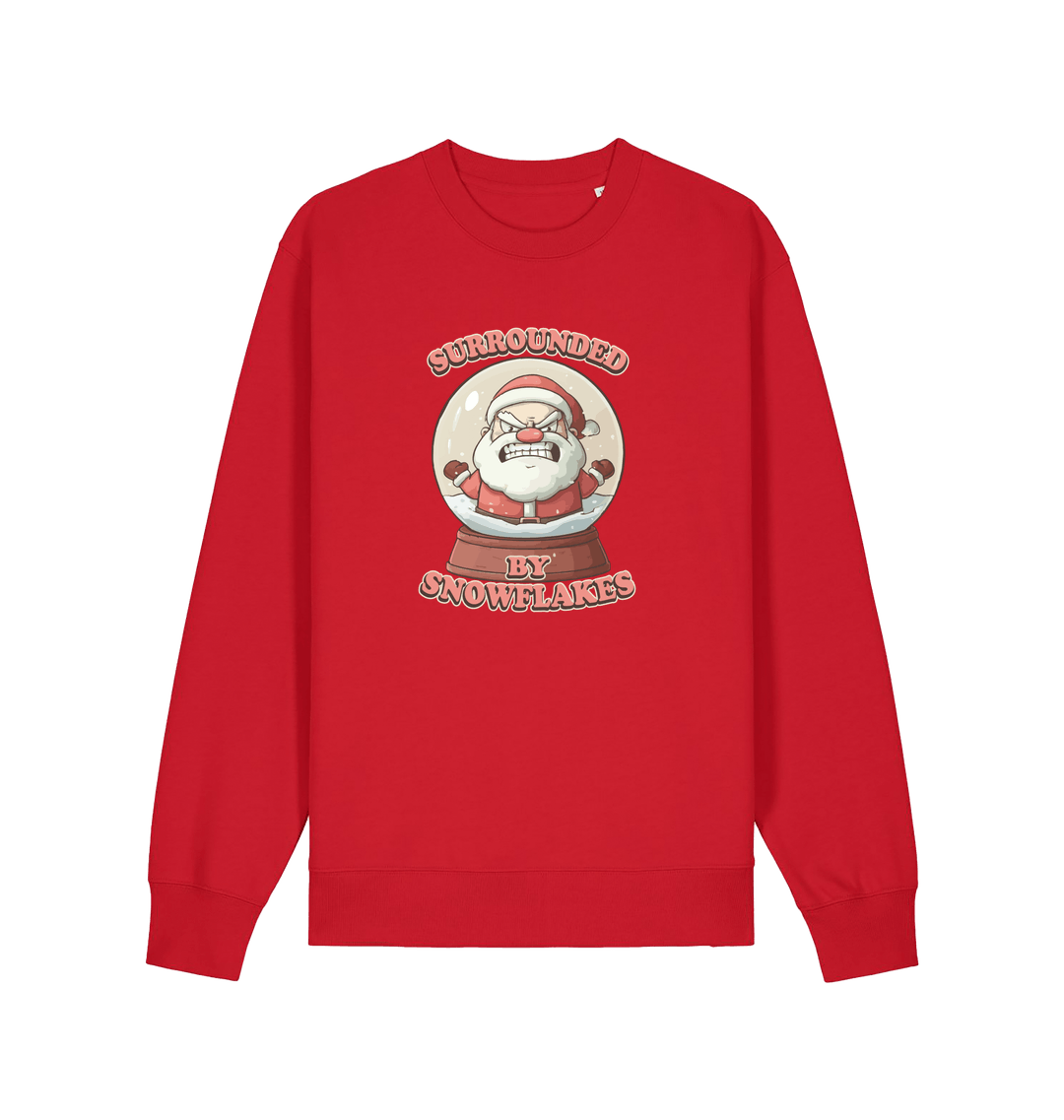 red christmas sweater with the graphic of santa in a snowglobe and the slogan 'surrounded by snowflakes'