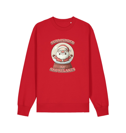 red christmas sweater with the graphic of santa in a snowglobe and the slogan 'surrounded by snowflakes'