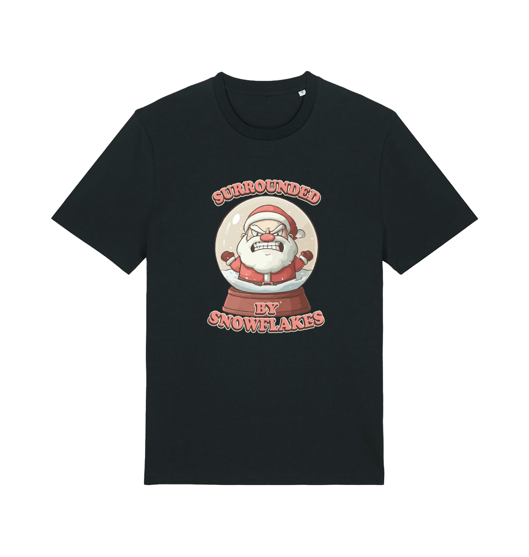 black christmas t-shirt with the graphic of a santa inside a snowglobe and the slogan 'surrounded by snowflakes'