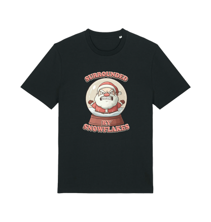 black christmas t-shirt with the graphic of a santa inside a snowglobe and the slogan 'surrounded by snowflakes'