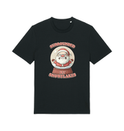 black christmas t-shirt with the graphic of a santa inside a snowglobe and the slogan 'surrounded by snowflakes'