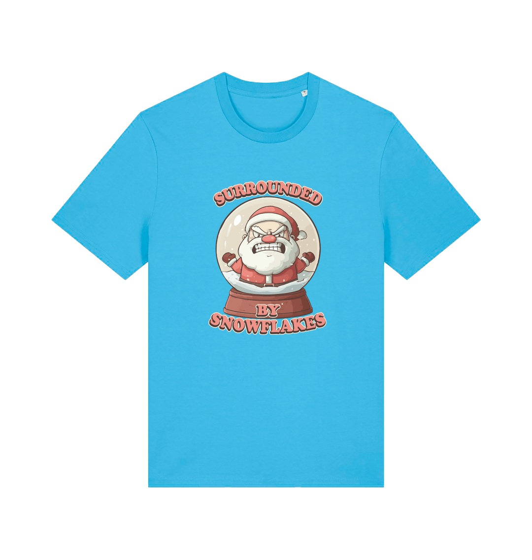 blue christmas t-shirt with the graphic of a santa inside a snowglobe and the slogan 'surrounded by snowflakes'