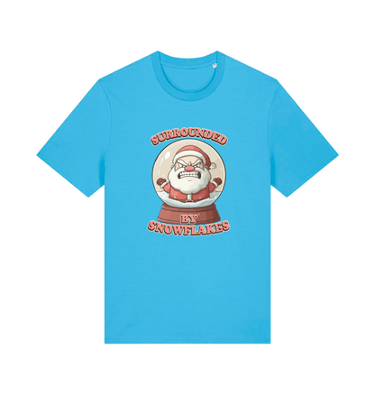 blue christmas t-shirt with the graphic of a santa inside a snowglobe and the slogan 'surrounded by snowflakes'