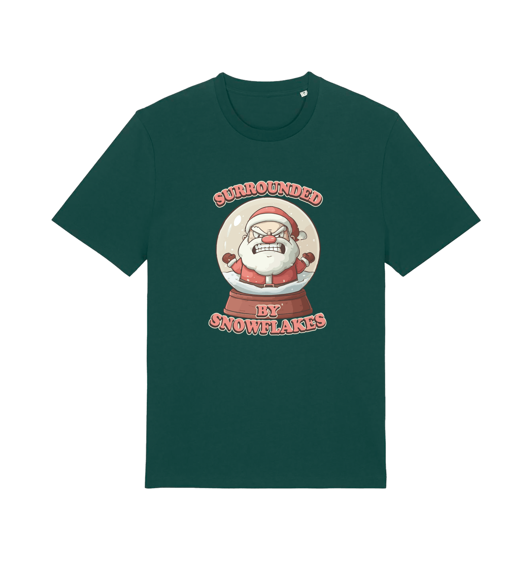 green christmas t-shirt with the graphic of a santa inside a snowglobe and the slogan 'surrounded by snowflakes'