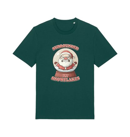 green christmas t-shirt with the graphic of a santa inside a snowglobe and the slogan 'surrounded by snowflakes'