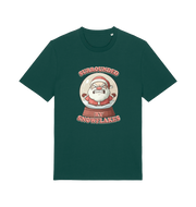green christmas t-shirt with the graphic of a santa inside a snowglobe and the slogan 'surrounded by snowflakes'