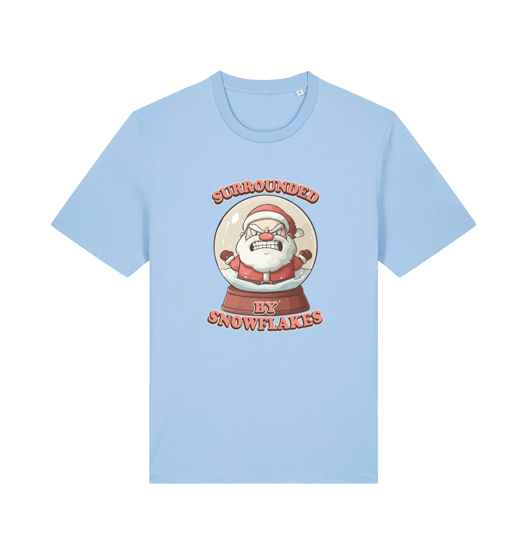 light blue christmas t-shirt with the graphic of a santa inside a snowglobe and the slogan 'surrounded by snowflakes'