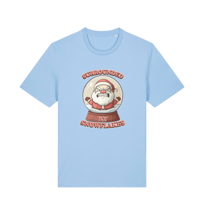 light blue christmas t-shirt with the graphic of a santa inside a snowglobe and the slogan 'surrounded by snowflakes'