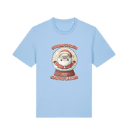 light blue christmas t-shirt with the graphic of a santa inside a snowglobe and the slogan 'surrounded by snowflakes'