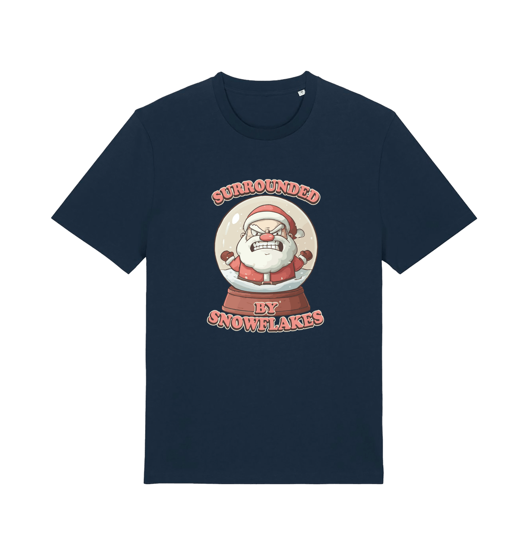 navy christmas t-shirt with the graphic of a santa inside a snowglobe and the slogan 'surrounded by snowflakes'