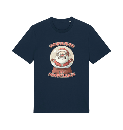 navy christmas t-shirt with the graphic of a santa inside a snowglobe and the slogan 'surrounded by snowflakes'