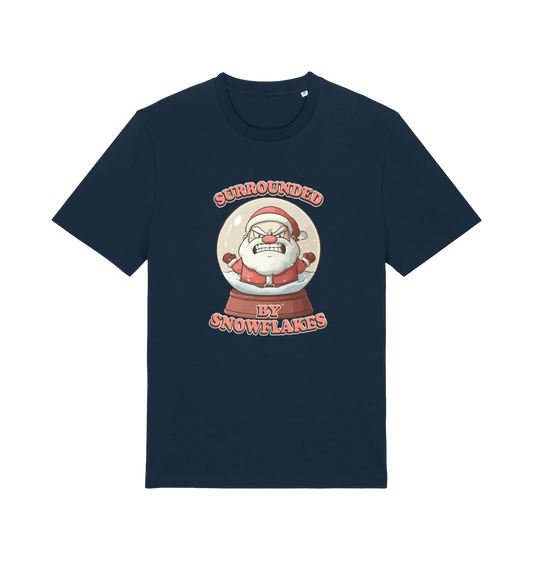 navy christmas t-shirt with the graphic of a santa inside a snowglobe and the slogan 'surrounded by snowflakes'