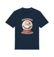 navy christmas t-shirt with the graphic of a santa inside a snowglobe and the slogan 'surrounded by snowflakes'