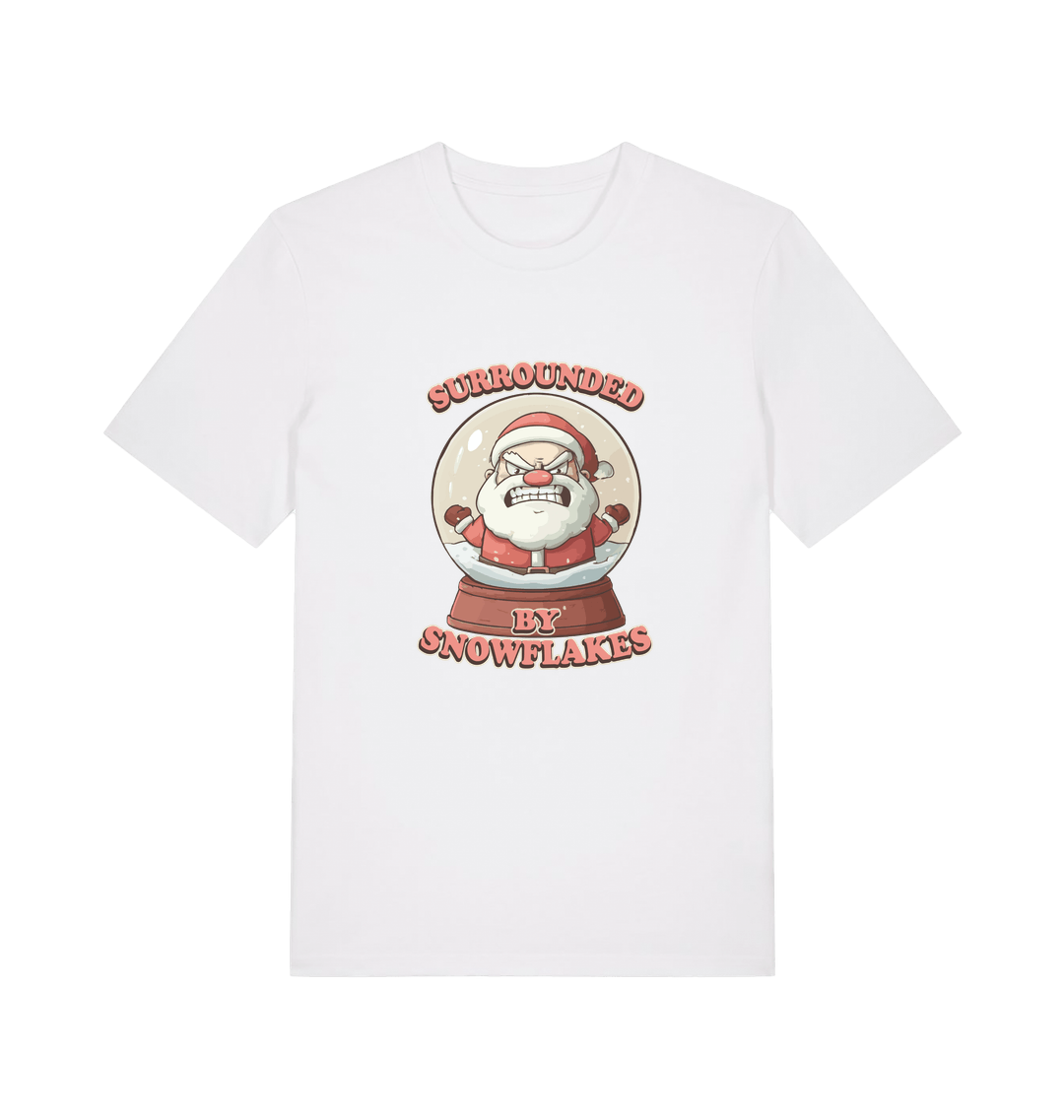 white christmas t-shirt with the graphic of a santa inside a snowglobe and the slogan 'surrounded by snowflakes'