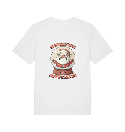 white christmas t-shirt with the graphic of a santa inside a snowglobe and the slogan 'surrounded by snowflakes'