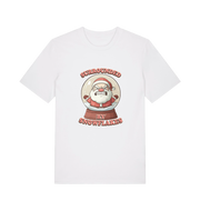 white christmas t-shirt with the graphic of a santa inside a snowglobe and the slogan 'surrounded by snowflakes'