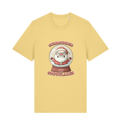 yellow christmas t-shirt with the graphic of a santa inside a snowglobe and the slogan 'surrounded by snowflakes'